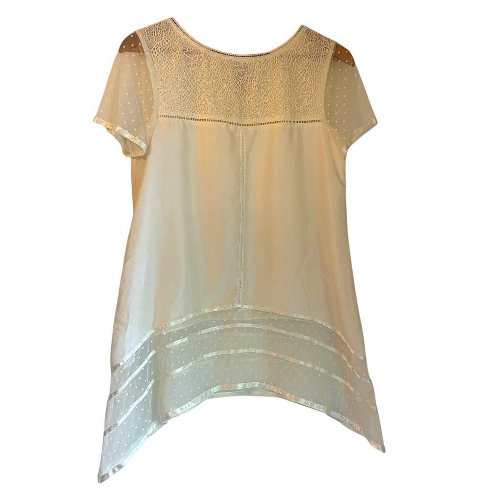 Sundance Ivory Sheer Lace Trim Blouse Sm 100% Silk Boho Cottagecore High Low Hem